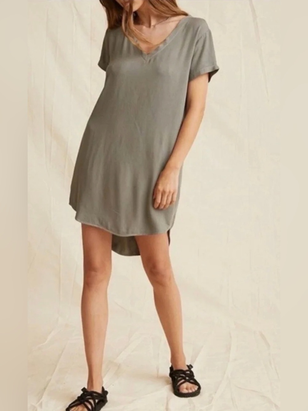 cloth & stone Relaxed V-Neck High-Low T-shirt Dress - Olive Green (S)
